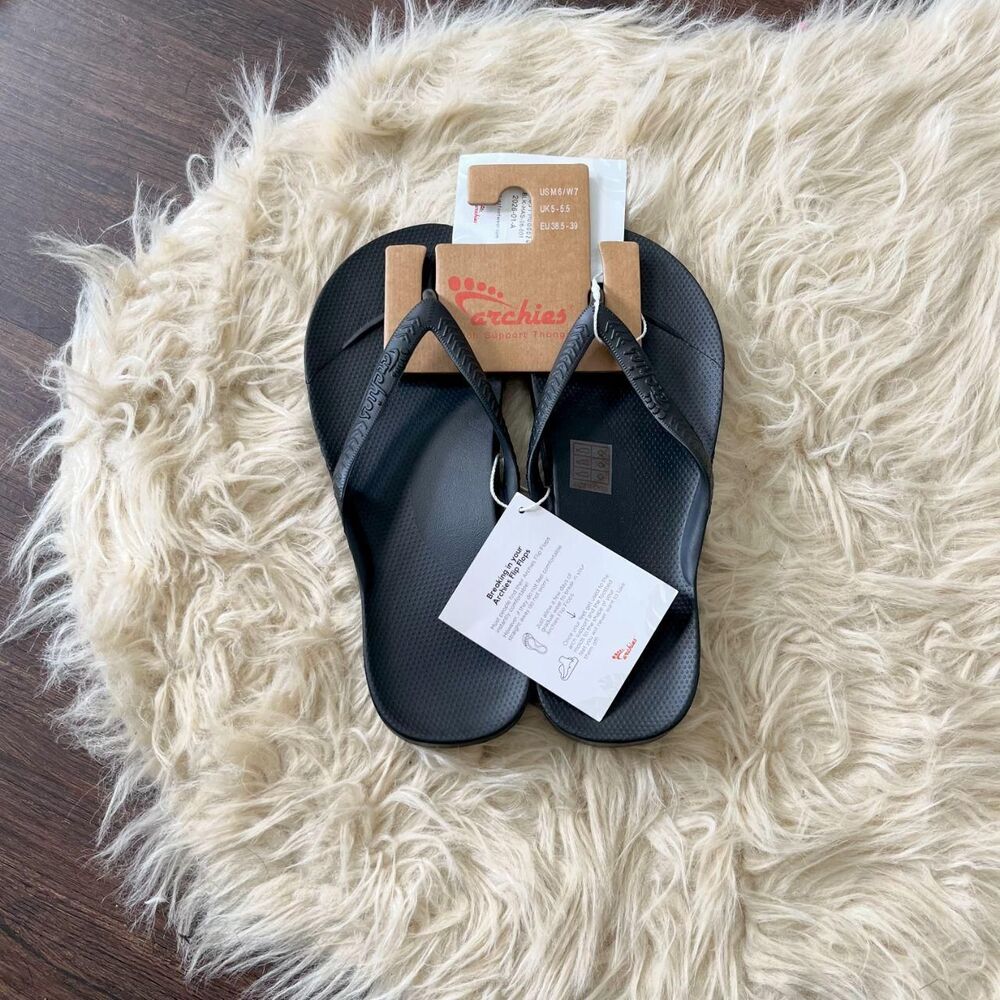 NWT Archies Classic Black Arch Support Flip Flops Sandals US Men 6 / WMN 7